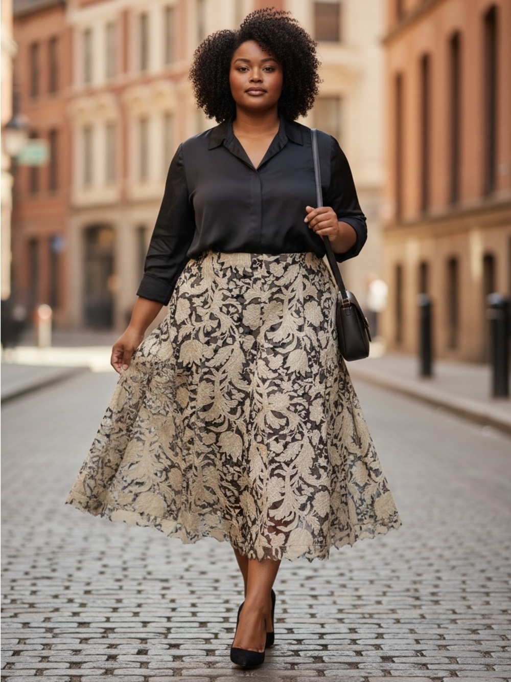 Elie Tahari Brown & Cream Floral Overlay Flare Lace Hem Skirt | 6